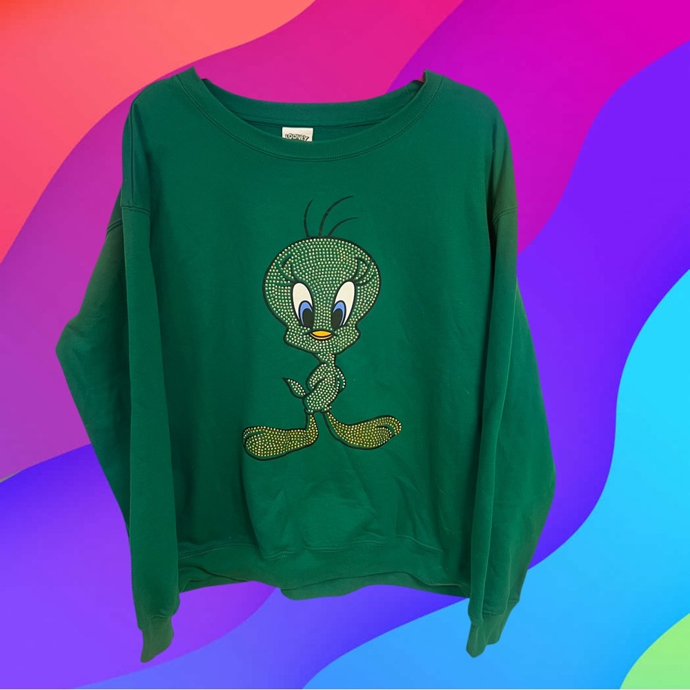 Looney Tunes green and gold rhinestone tweety bird sweater